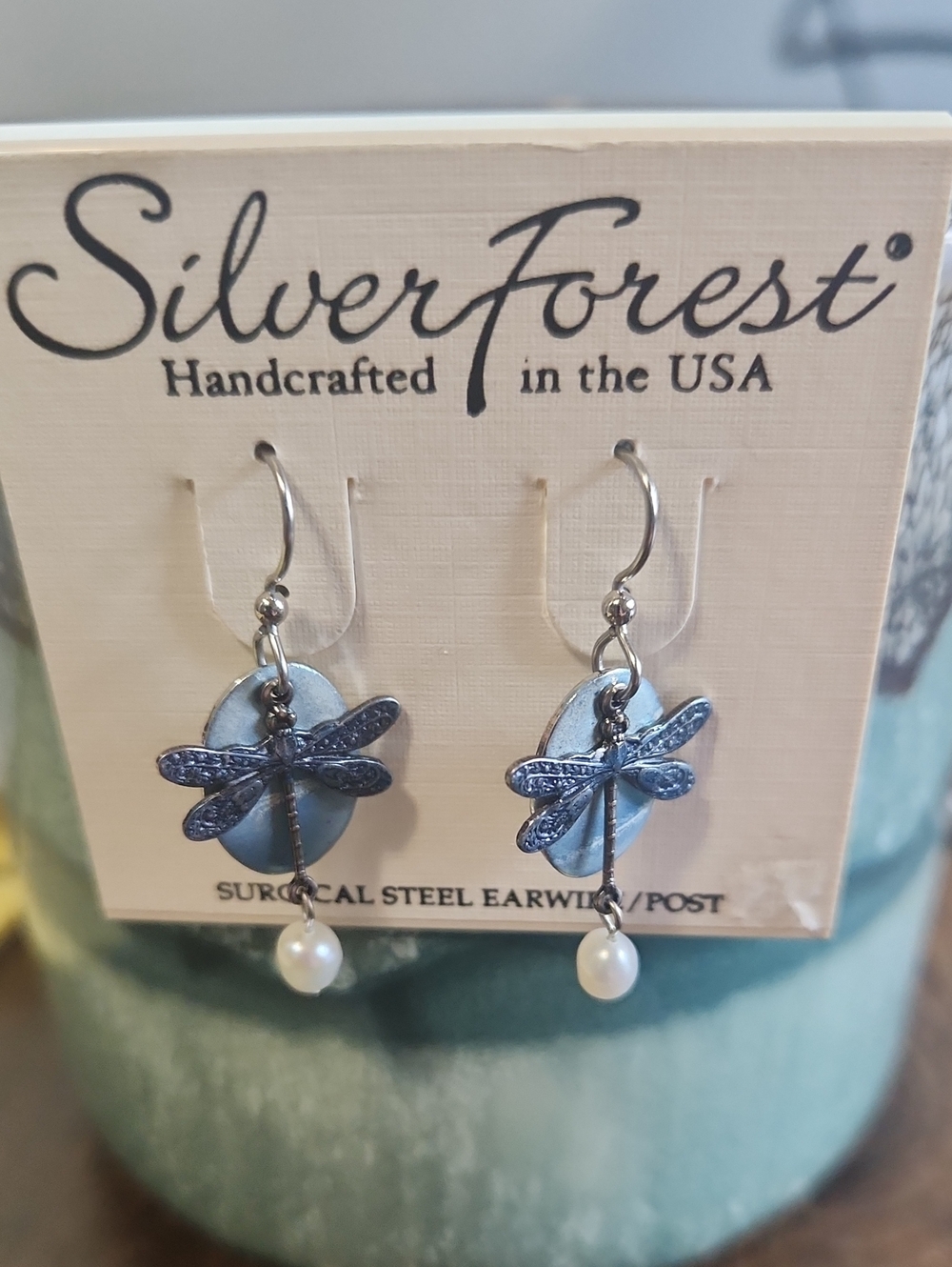 Silver Forest Blue Dragonfly Pearl Drop Earrings